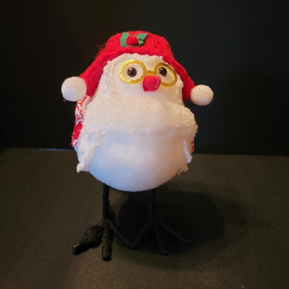 Red and White Fabric Bird with Red Hat Christmas Tabletop Decoration, 7 in